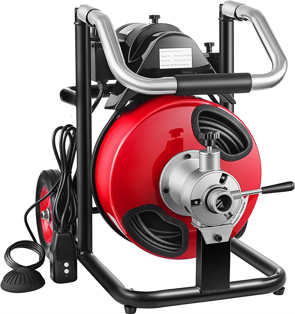Drain Cleaning Machine 100Ft 3/8Inch Cable 370W Portable Electric Sewer Snake Drain Auger Cleaner with 8 Cutter Foot Switch H297
