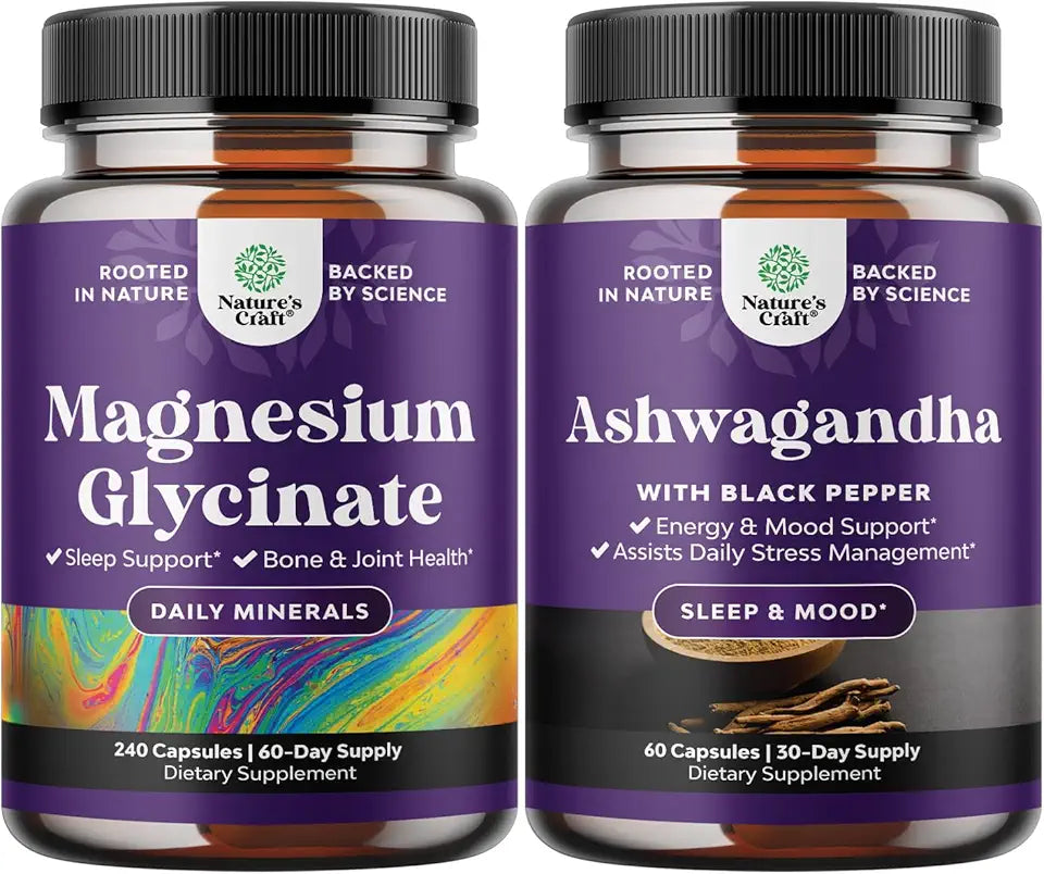 Pure Magnesium Glycinate 400mg and Ashwagandha Root Powder Supplement Capsules 240ct H77946