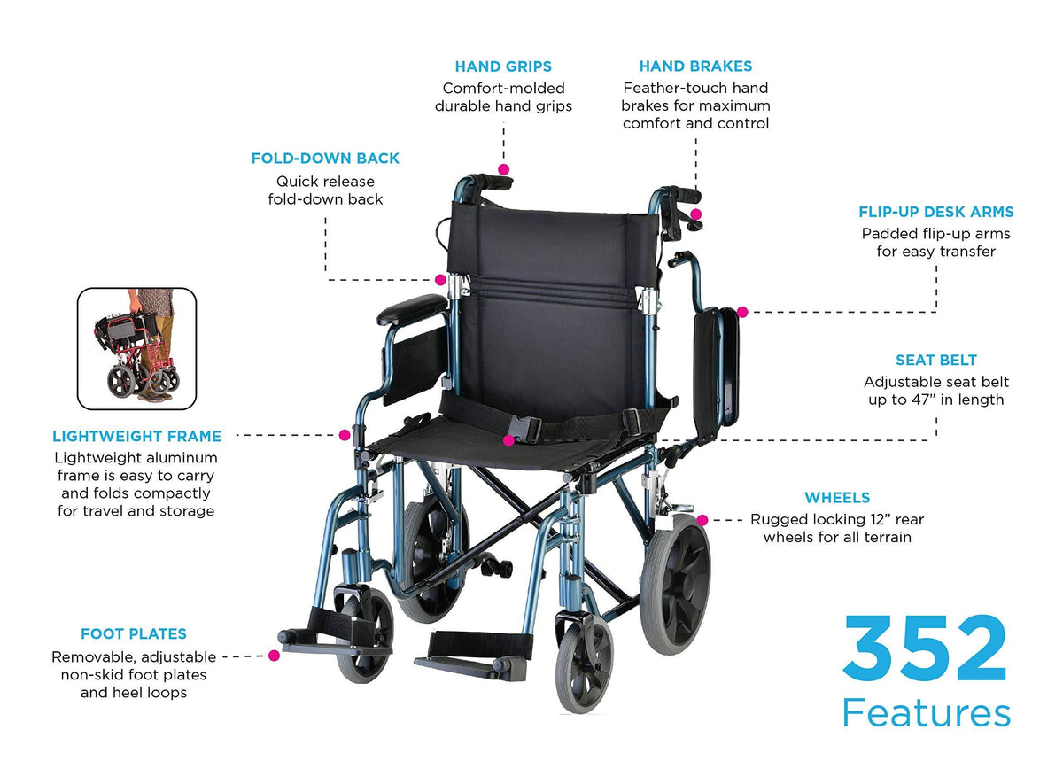 Lightweight Transport Chair with 12” Rear Wheels Blue O221425