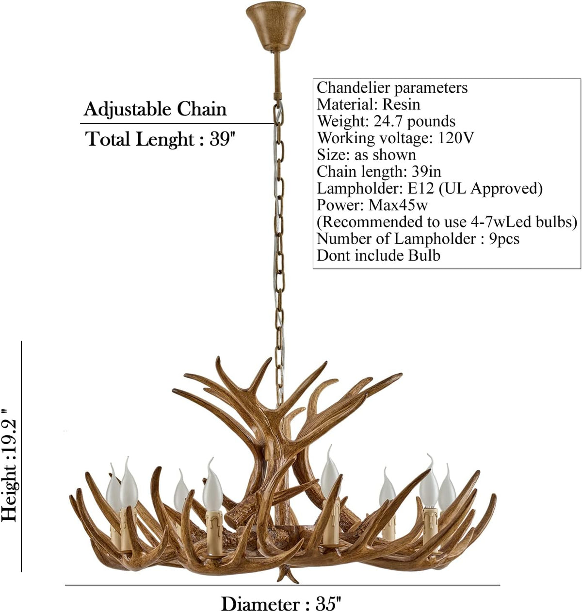 Antique Resin Deer Horn Chandelier 9 Lights G4011