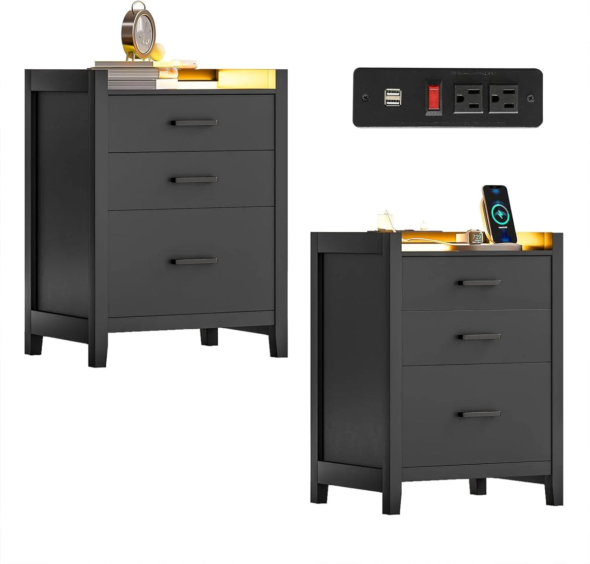Black 2 Drawer Nightstand with LED Lights and Charging Station V627