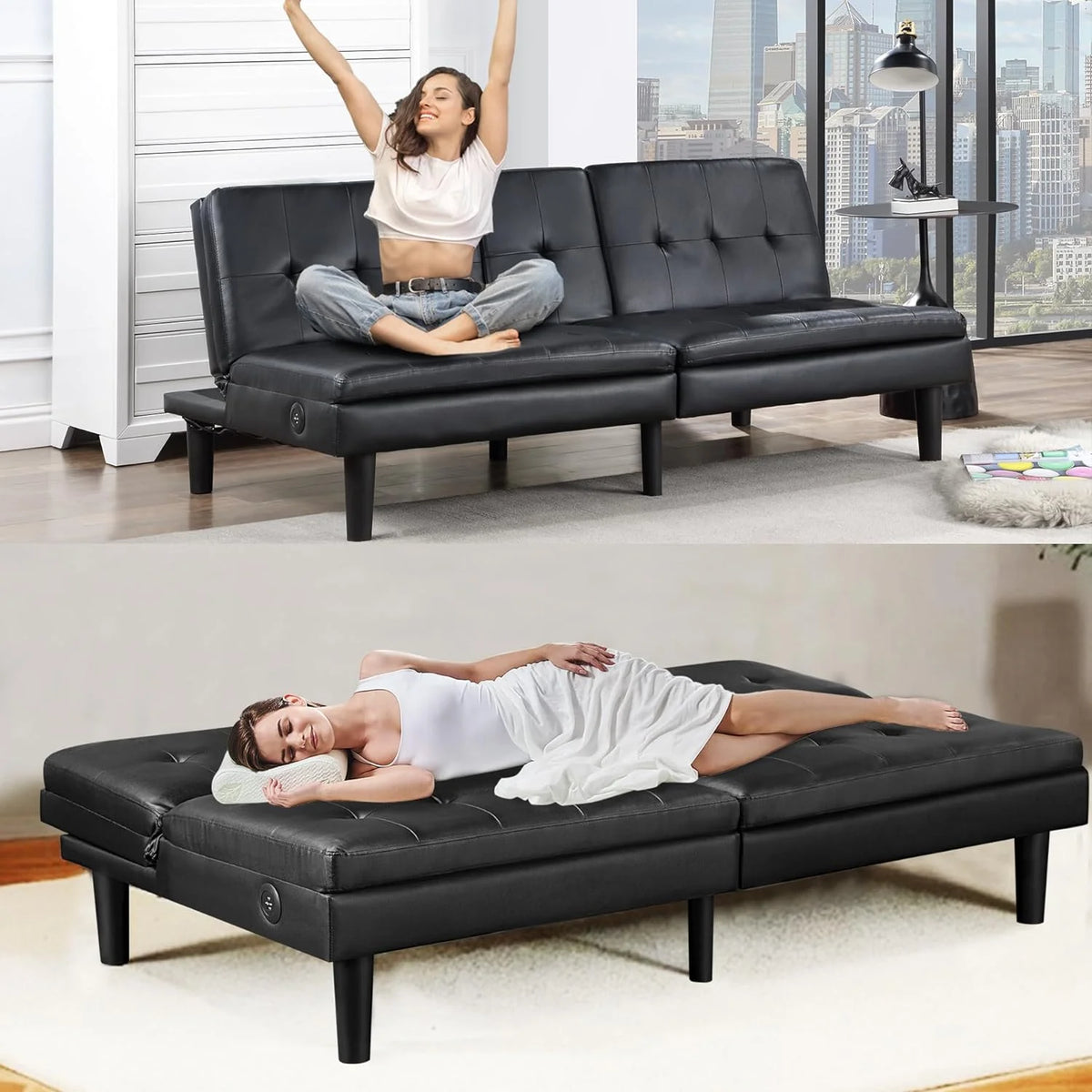 Faux Leather Futon Convertible Sofa Bed with USB & 2 Cupholders Y81017