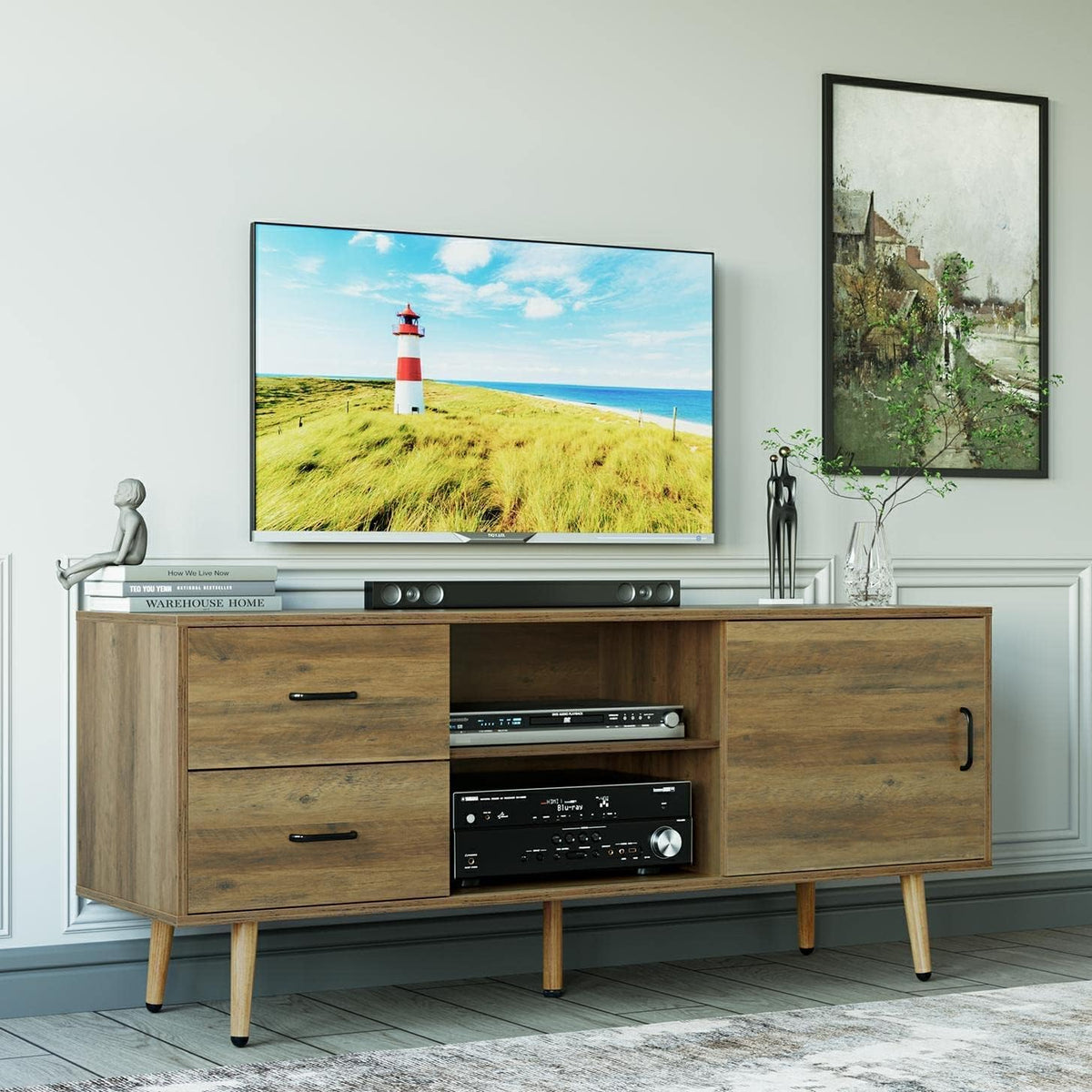 Mid Century Modern Wood TV Stand with Sliding Door H77396