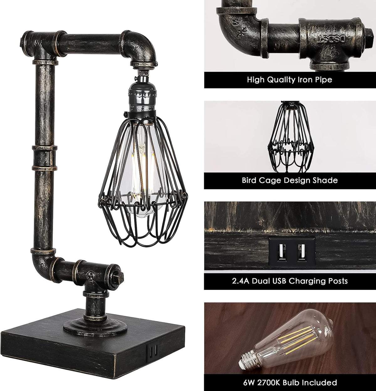 Industrial Touch Control Dimmable Table Lamp with USB Ports C26816