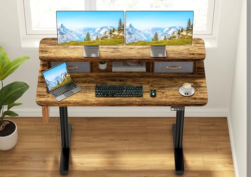 Rustic Brown Electric Standing Desk with Dual Drawers U9568