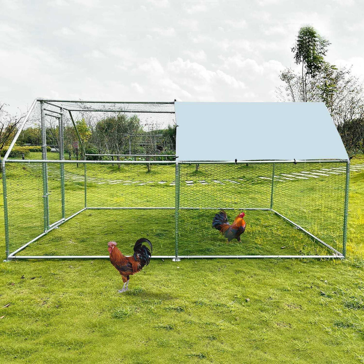 Large Metal Walk-in Chicken Coop with Waterproof Cover Y5017