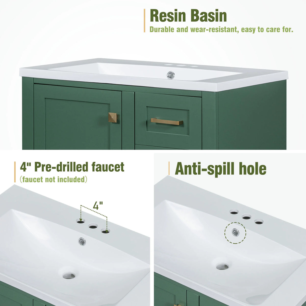30" Green Solid Wood Bathroom Vanity with Top Basin and 3 Drawers E919172
