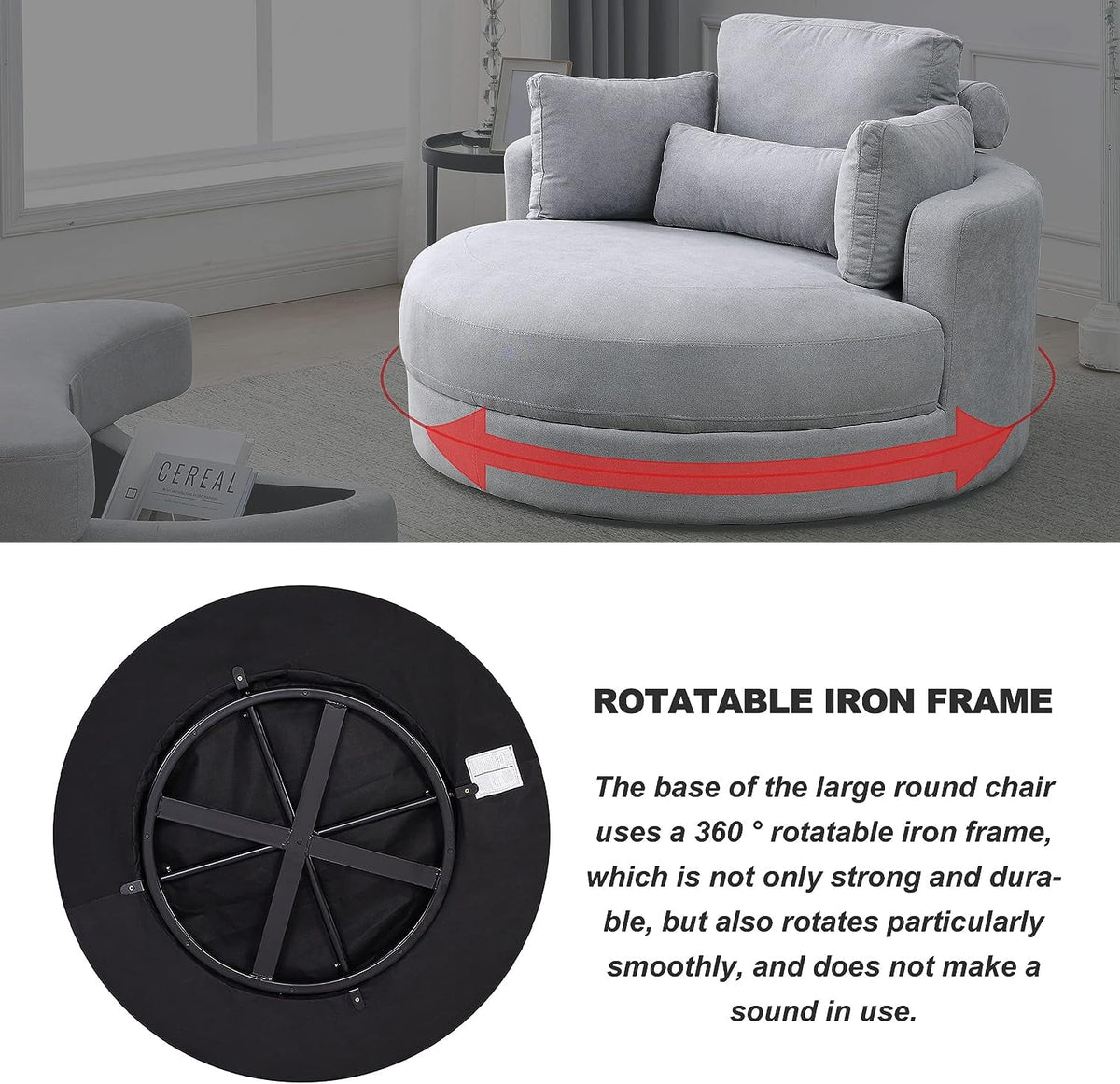 Light Gray Linen Fabric Swivel Chair with Ottoman and 4 Pillows M737899
