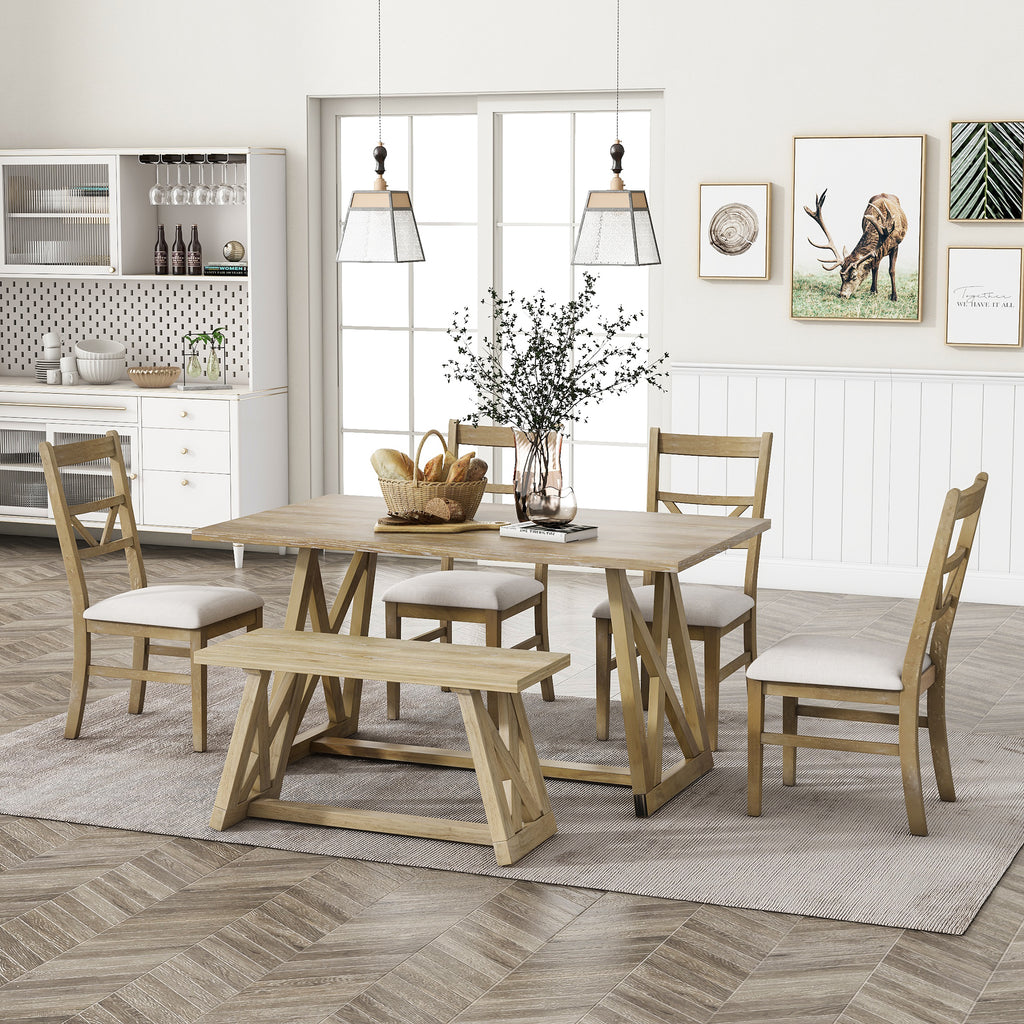 Farmhouse Wood Rectangular Dining Table with Cross Legs, 4 Upholstered Chairs and Bench D67586