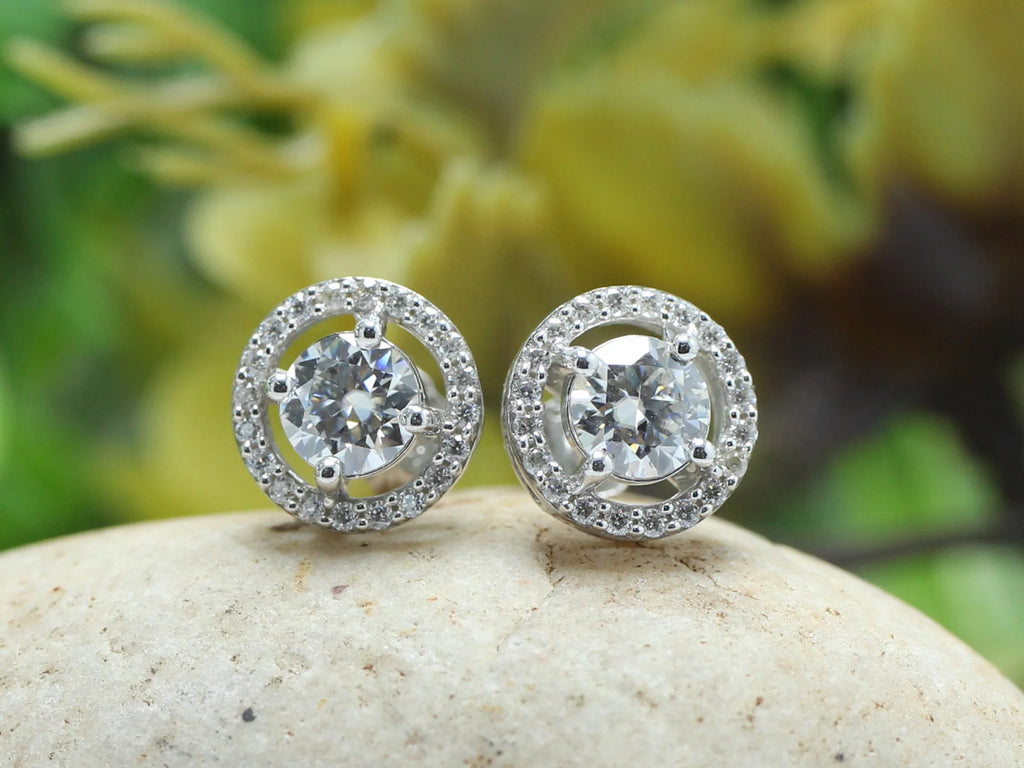 Moissanite Stud Earrings 1.20CT 5MM Lab Created Diamond 18K White Gold Over Sterling Silver D Color VVS1 Clarity Halo Studs G67080