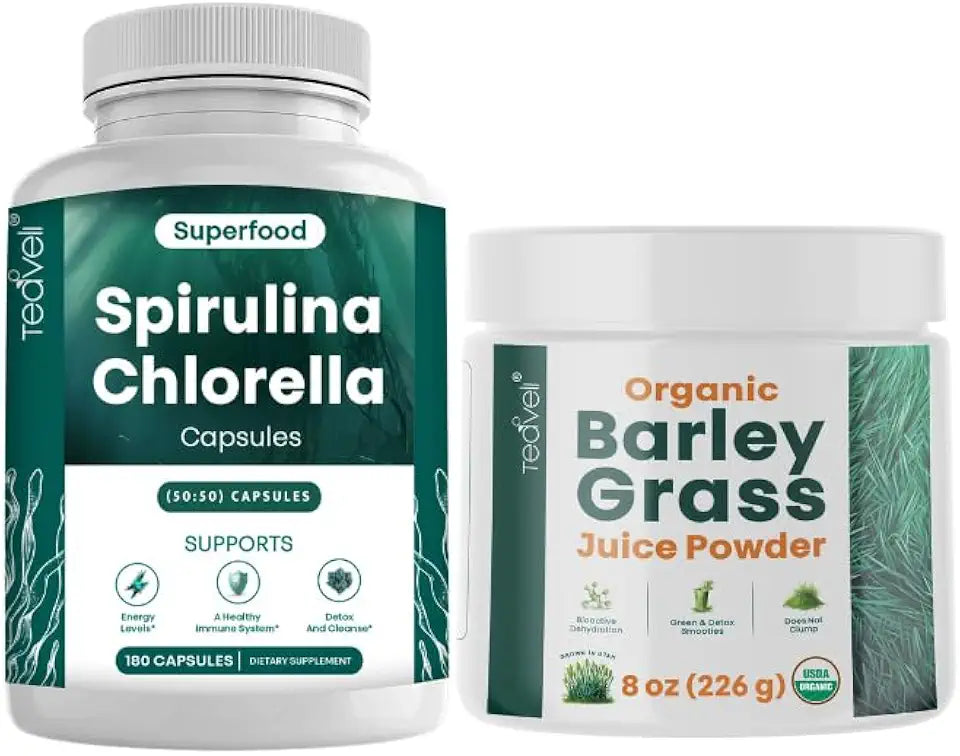 Spirulina Chlorella Capsules and Barley Grass Juice Powder X8524