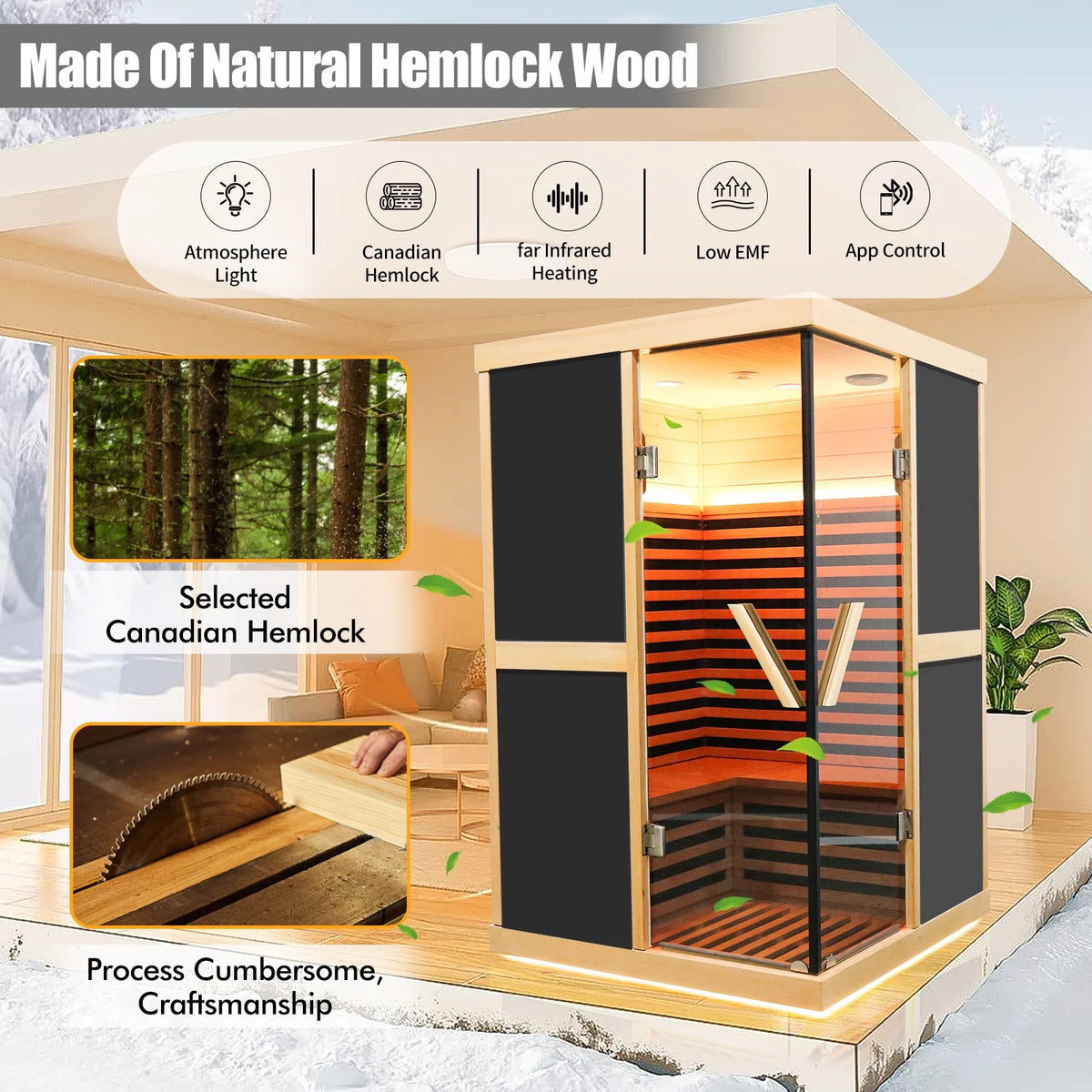 Infrared Sauna 1980W Wooden Hemlock Wood Low-EMF Indoor Saunas with APP Control for Two Person H199