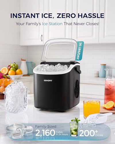 Countertop Ice Maker Machine with Handle, 26lbs in 24Hrs, 9 Ice Cubes Ready in 6 Mins, Auto-Cleaning Portable Ice Maker with Basket and Scoop (Black) H75465