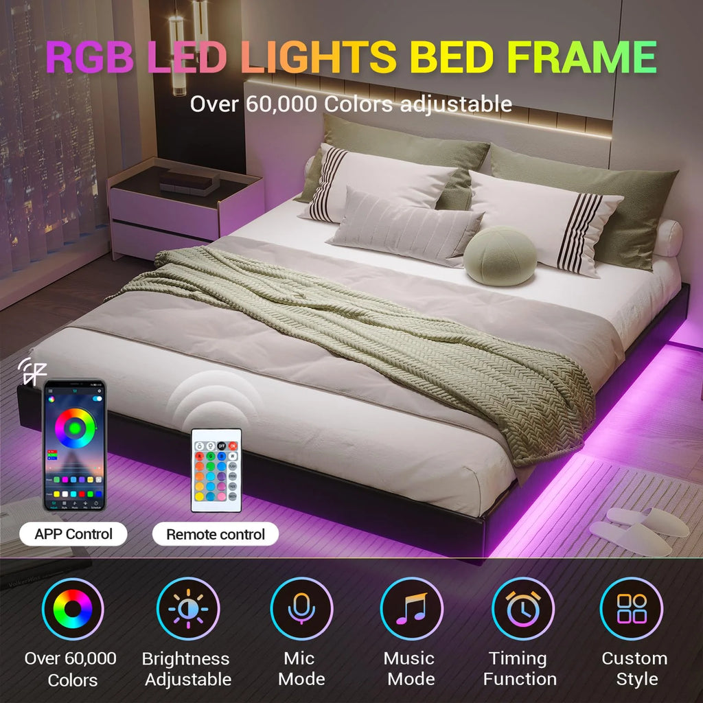 California King Floating LED Faux Leather Upholstered Platform Bed Frame A5324