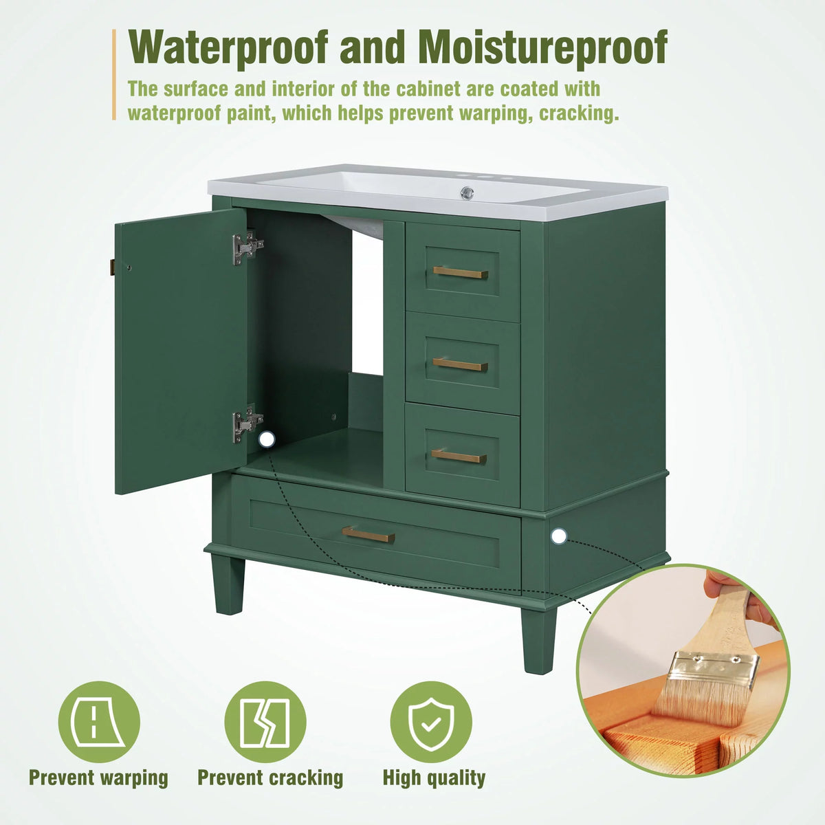 30" Green Solid Wood Bathroom Vanity with Top Basin and 3 Drawers E919172