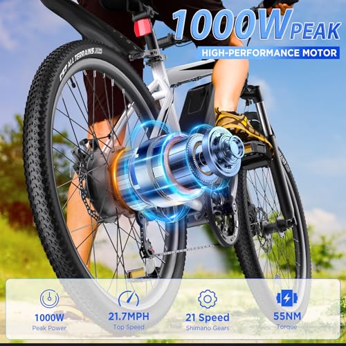 26'' 1000W Peak Electric Mountain Bike with 48V 374.4WH Removable Battery, 21-Speed P519038