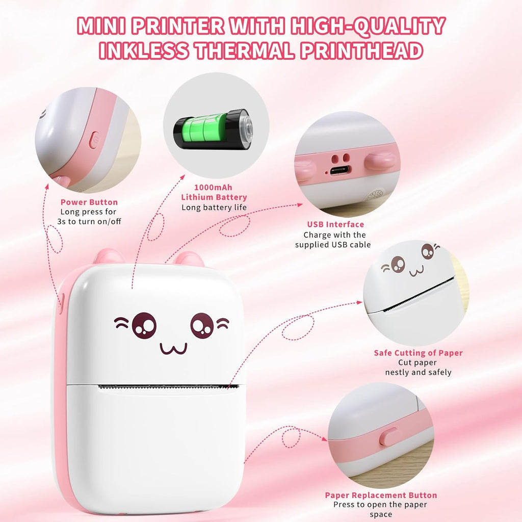 Mini Portable Thermal Printer with 7 Rolls Paper Y2976