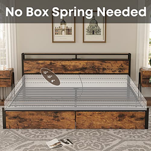 King Bed Frame with Storage Headboard, Platform Bed with Drawers and Charging Station, Vintage Brown Q76293