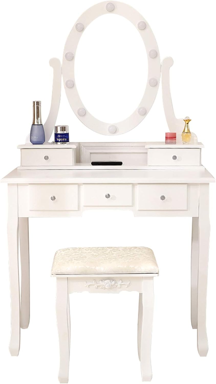 White Lighted Makeup Vanity Set with 10 Light Bulbs and 5 Sliding Drawers O2060