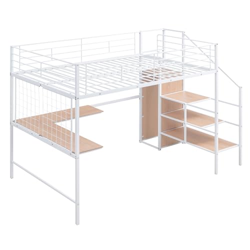 Black Full Size Loft Bed with Desk and Storage Stairs J8731