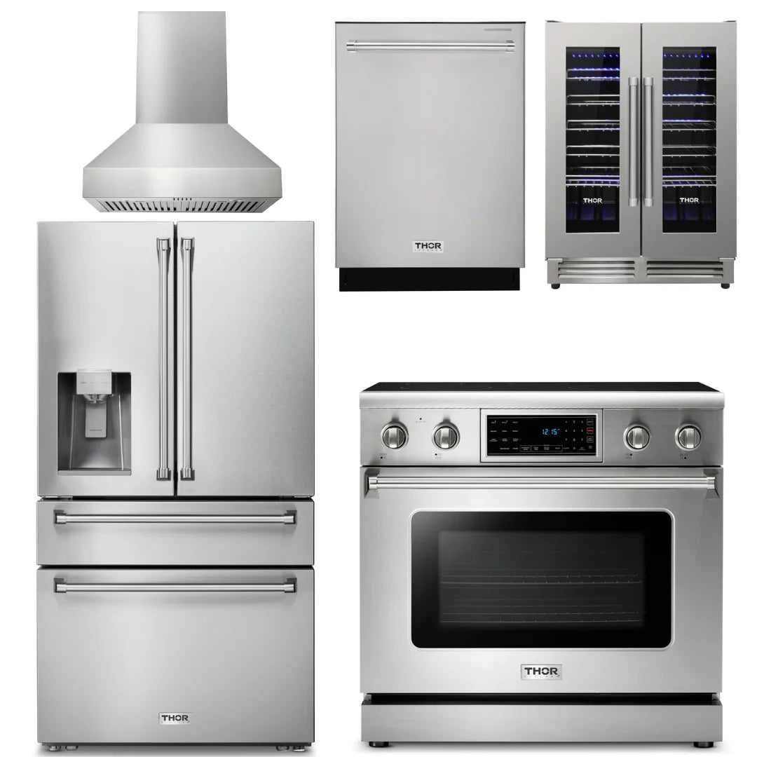 36 Electric Range, Range Hood, Refrigerator with Water and Ice Dispenser, Dishwasher, Wine Cooler U2967