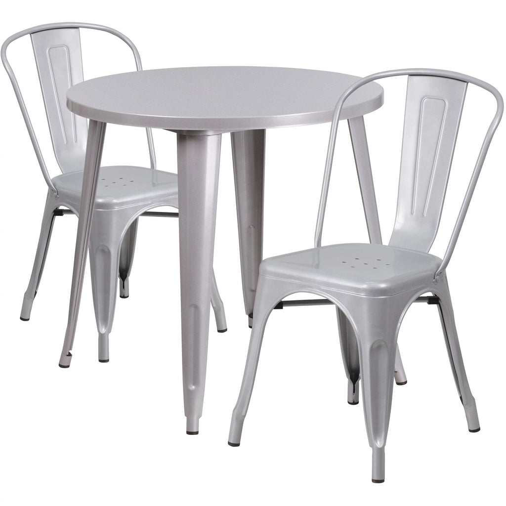 30" Round Silver Metal Indoor-Outdoor Table Set with 2 Cafe Chairs L840243