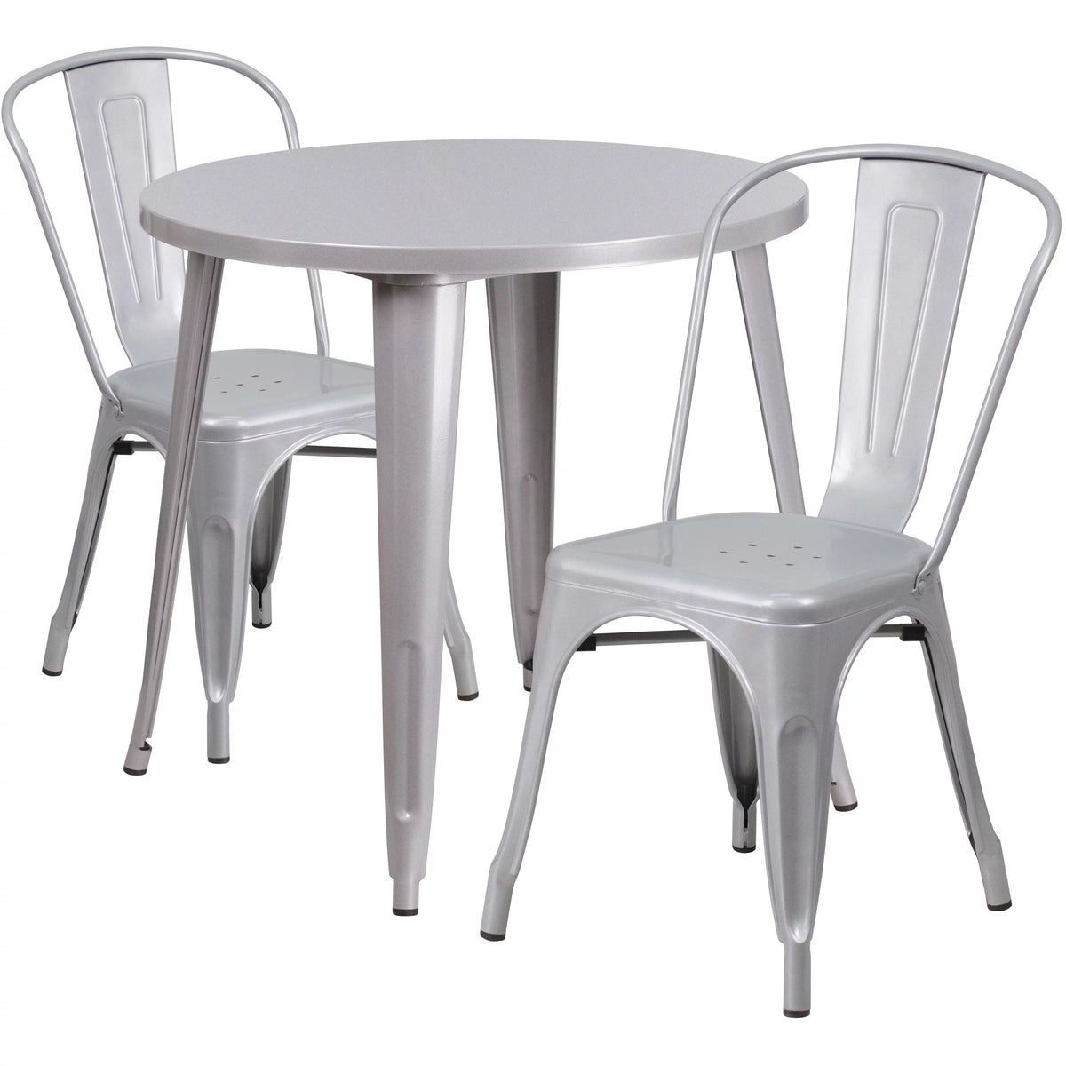 30" Round Silver Metal Indoor-Outdoor Table Set with 2 Cafe Chairs L840243