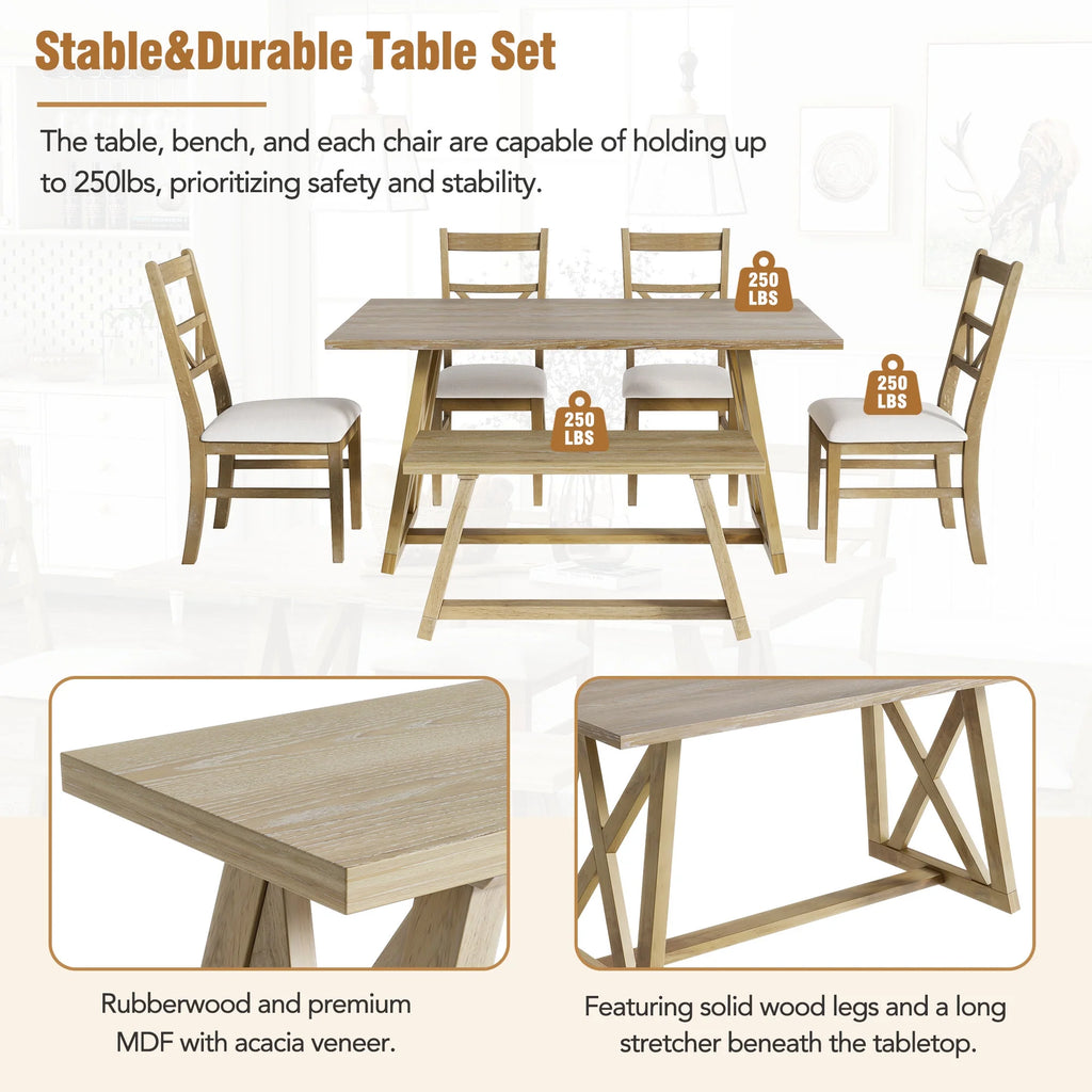 Farmhouse Wood Rectangular Dining Table with Cross Legs, 4 Upholstered Chairs and Bench D67586