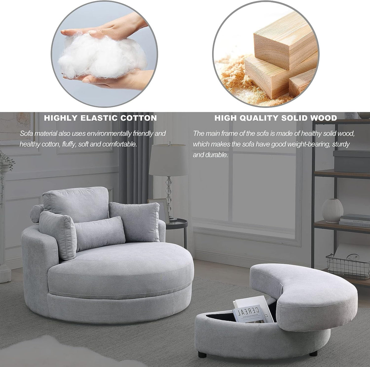 Light Gray Linen Fabric Swivel Chair with Ottoman and 4 Pillows M737899