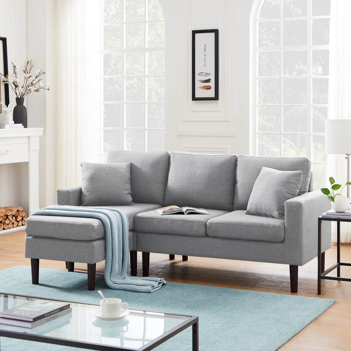 Light Grey L Shape Sectional Sofa with 2 Pillows D15719