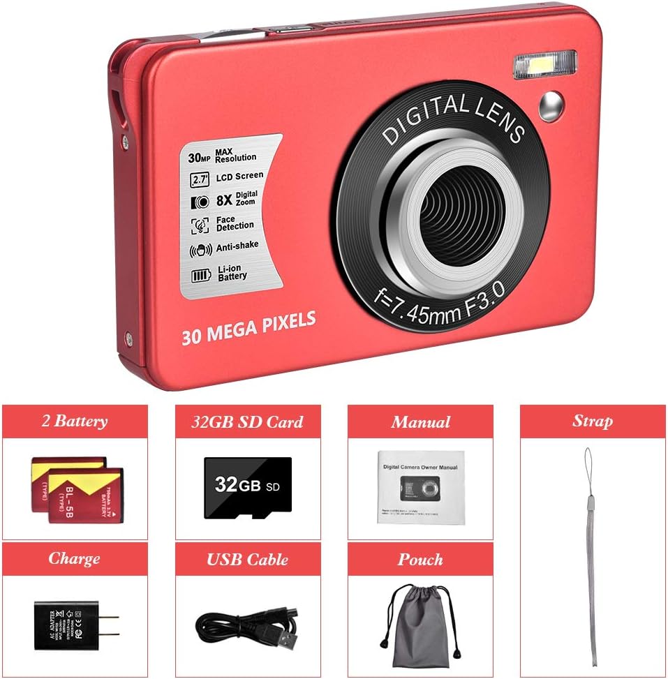 30 MP Digital Camera with 8X Digital Zoom Compact Camera with 32GB SD Card and 2 Batteries B65562