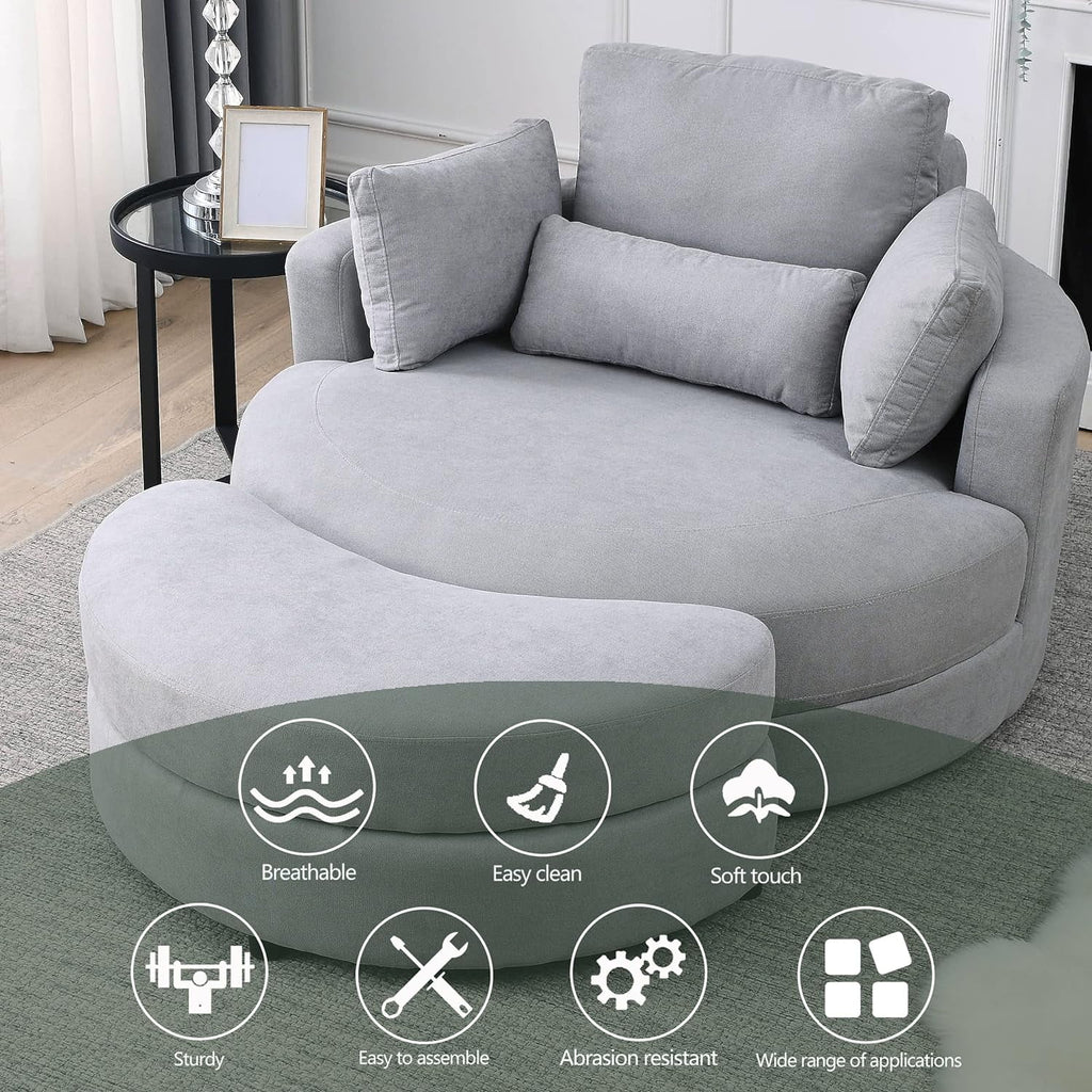 Light Gray Linen Fabric Swivel Chair with Ottoman and 4 Pillows M737899