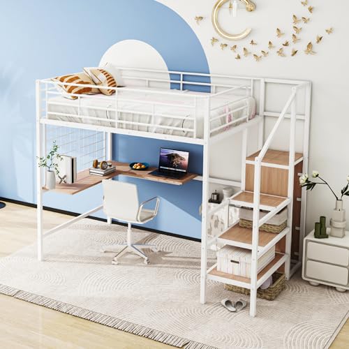 Black Full Size Loft Bed with Desk and Storage Stairs J8731