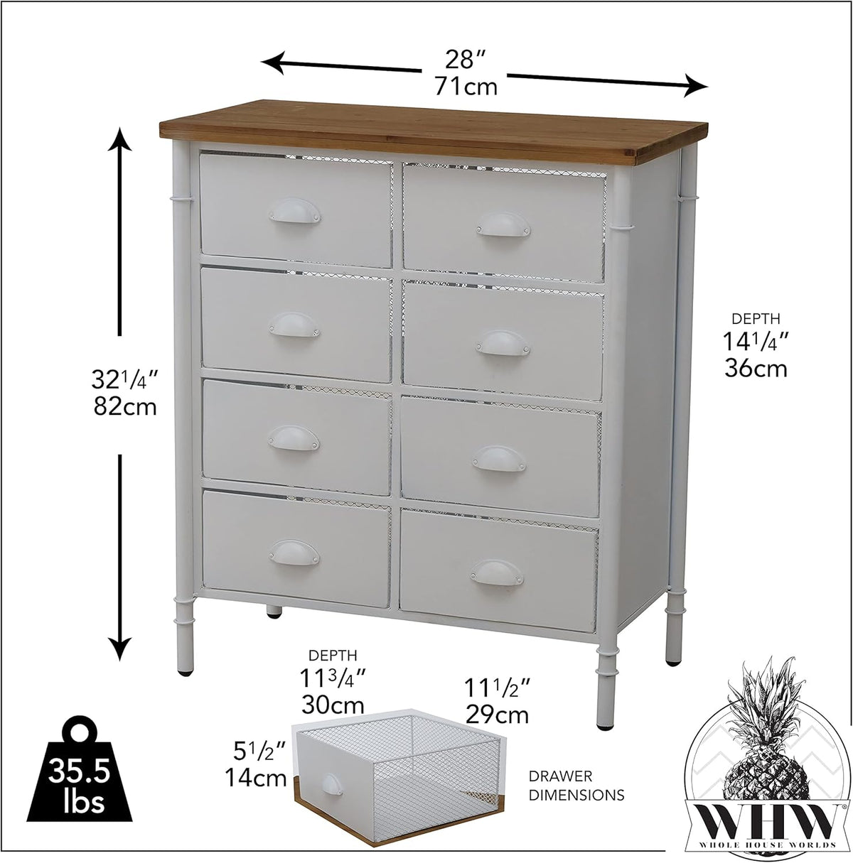 White 8 Drawer Accent Cabinet with Solid Wood Top and Metal Mesh Detailing Y810