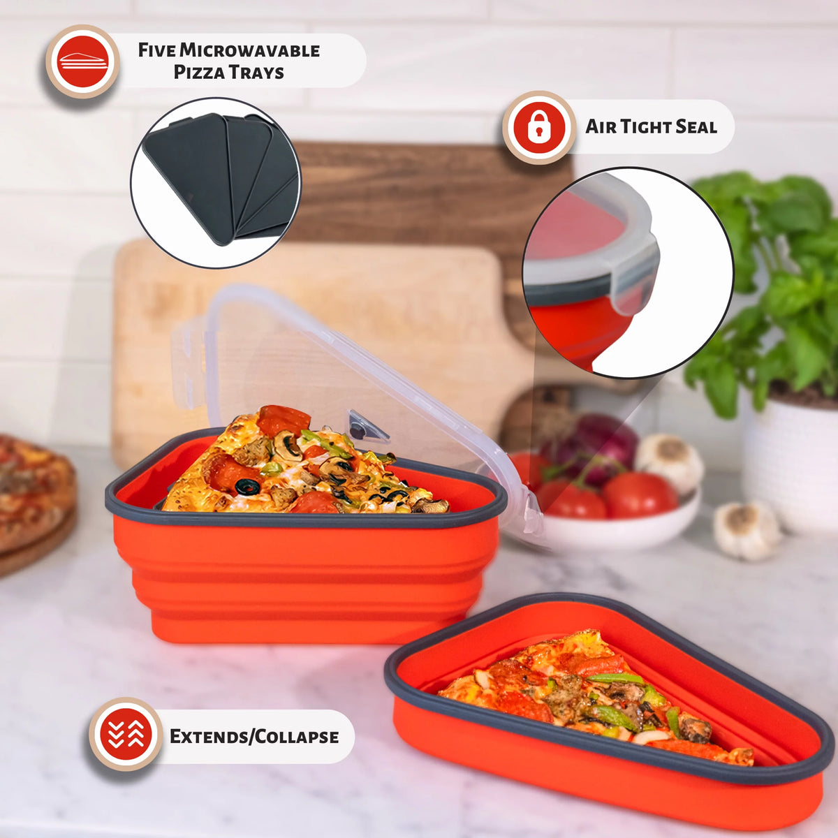Reusable Pizza Storage Container with 5 Microwavable Serving Trays, 2 Pack U30586