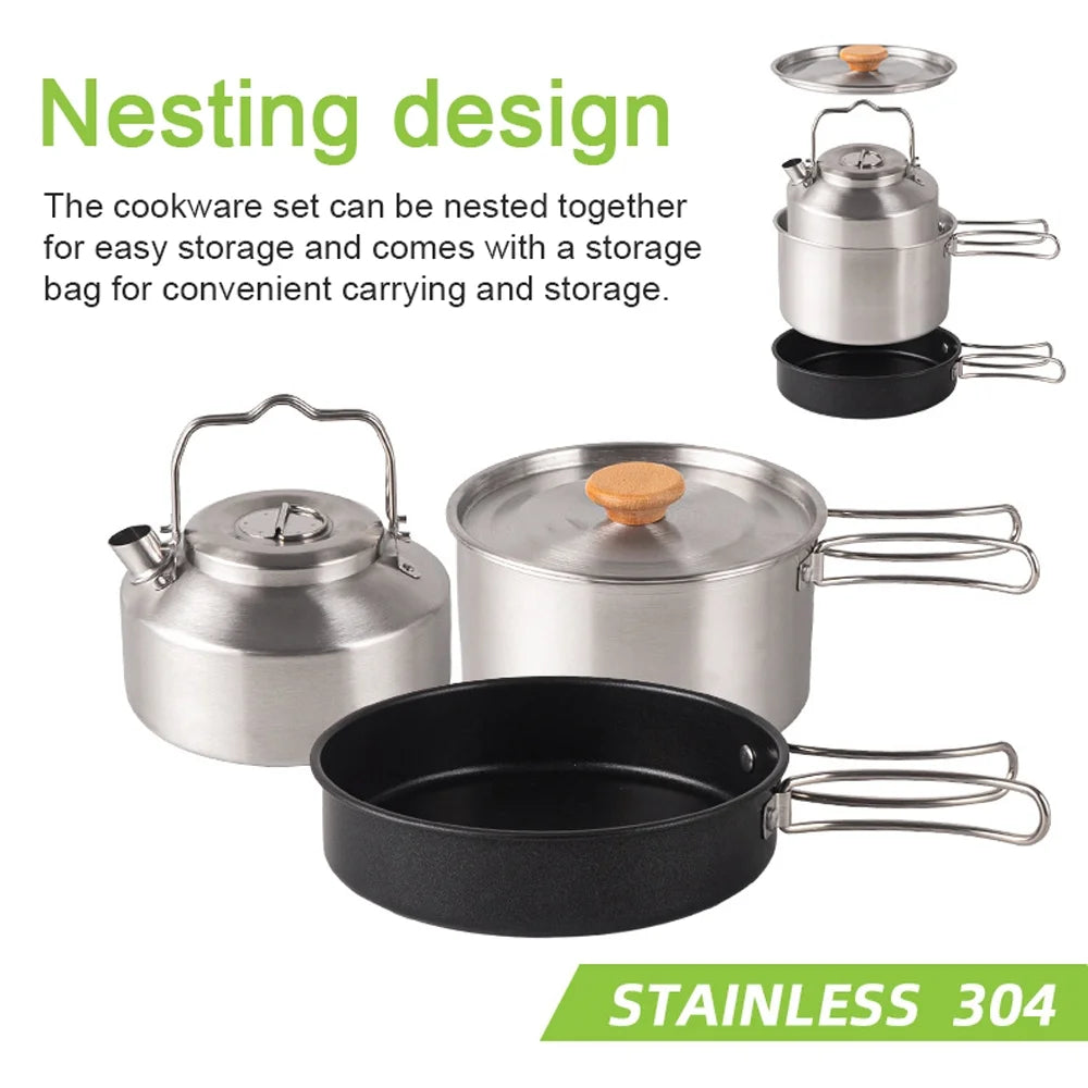 Stainless Steel Camping Cookware Set with Pot Frying Pan Kettle D96605