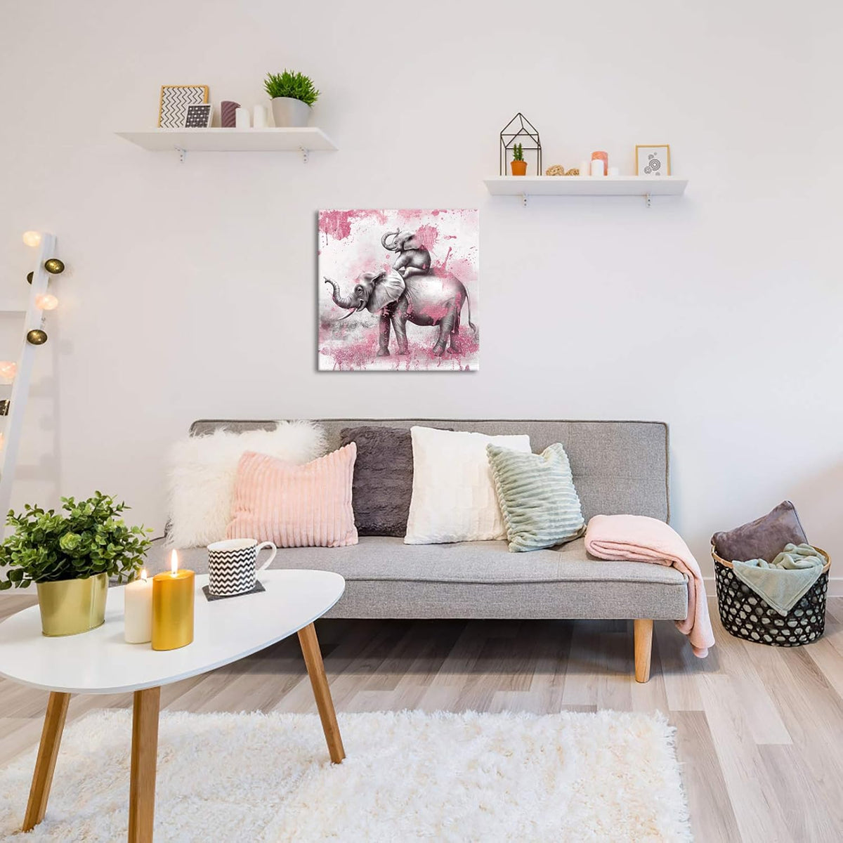 Pink and Grey Elephant Canvas Painting Print 24x24 Inch Pack of 2 O706973