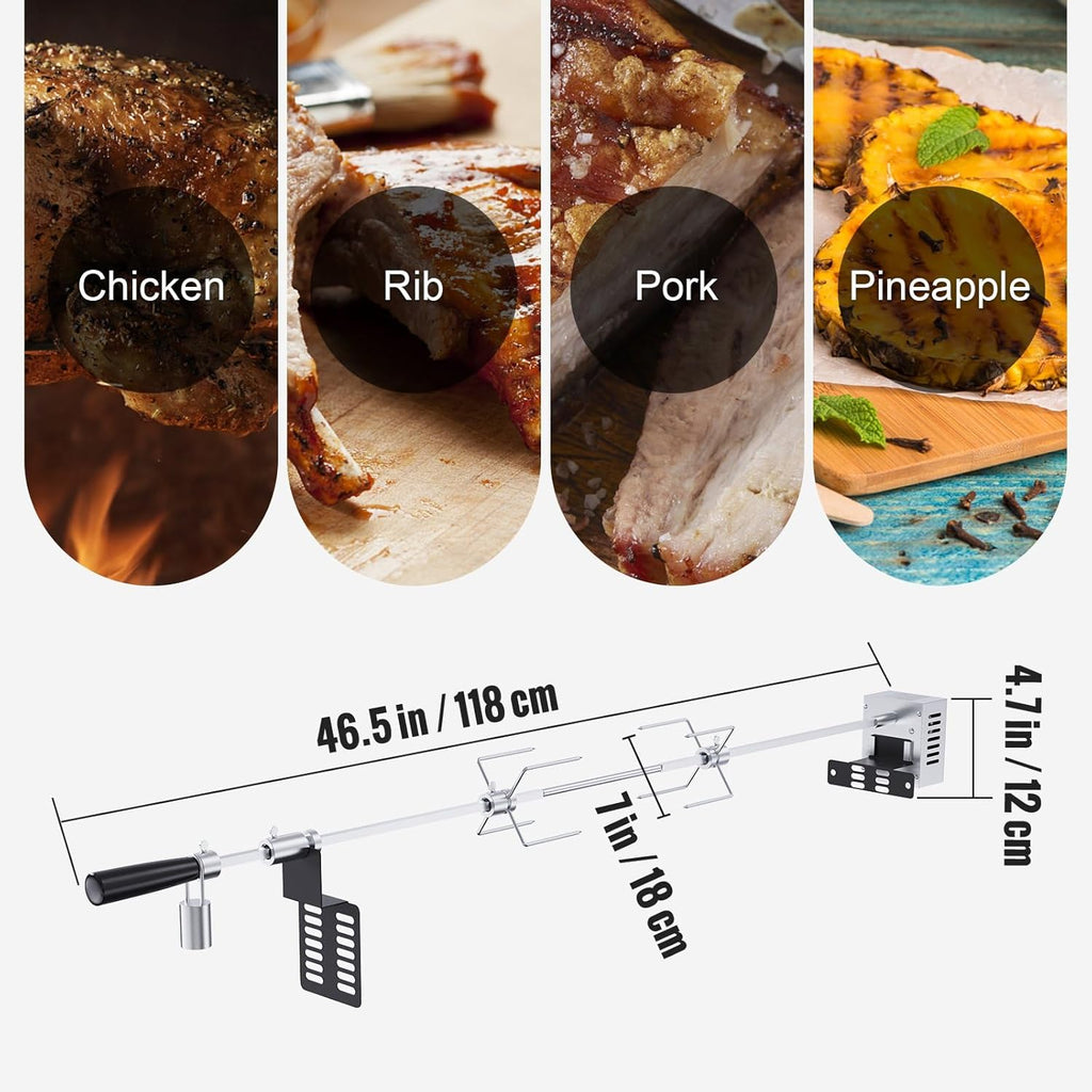 Heavy Duty Stainless Steel Grill Rotisserie Kit with 9W Motor - 32-Inch Hexagon Spit Rod - 26 Lbs Capacity O5158