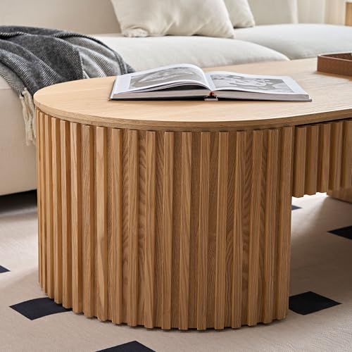 Oval Fluted Coffee Table with Storage Drawer Oak D13140
