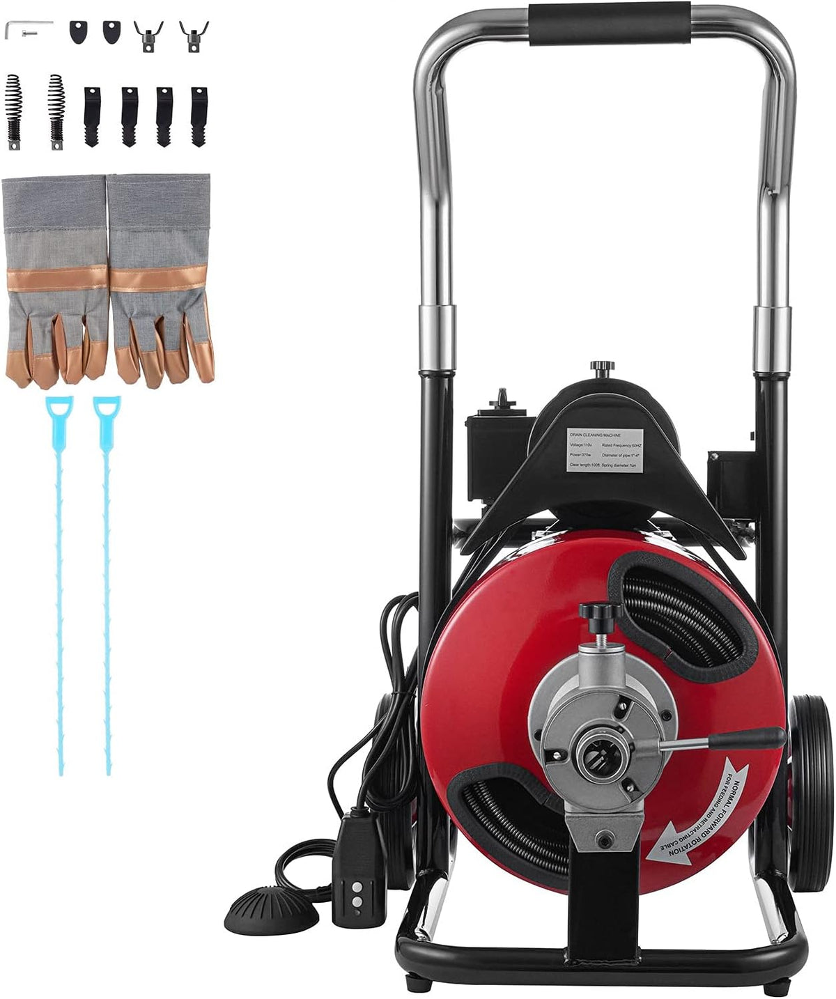 Drain Cleaning Machine 100Ft 3/8Inch Cable 370W Portable Electric Sewer Snake Drain Auger Cleaner with 8 Cutter Foot Switch H297