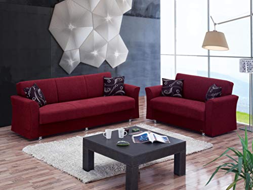 Burgundy Convertible Sofa Bed with Storage and 2 Pillows S540