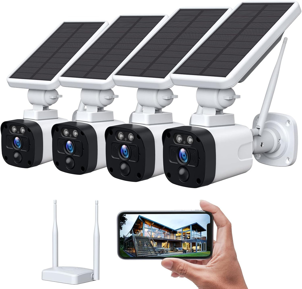Solar Security Camera System, 4 Cameras, Solar Powered with Base Station, 2-Way Audio, Night Vision, IP65 Waterproof I823