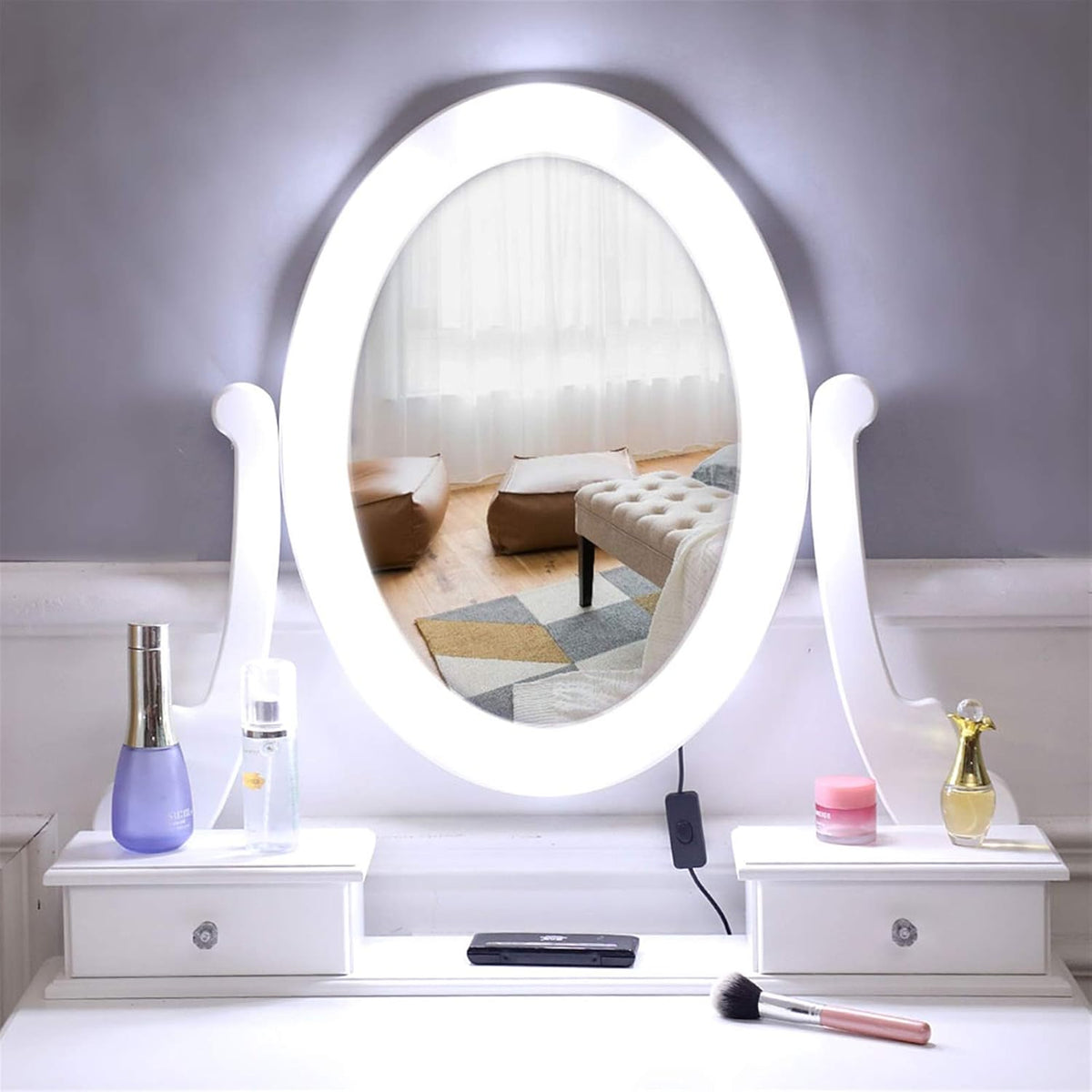 White Lighted Makeup Vanity Set with 10 Light Bulbs and 5 Sliding Drawers O2060