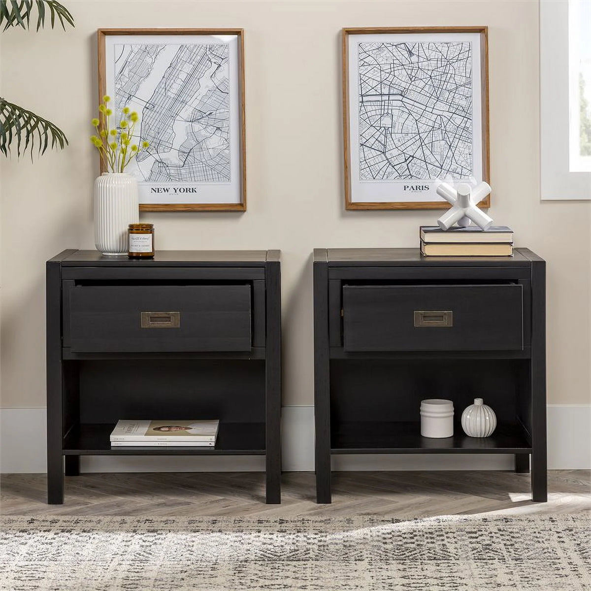 2-Piece 1-Drawer Solid Wood Nightstand Set in Black D80069