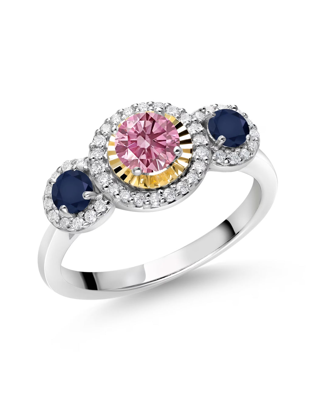 Pink Lab Grown Diamond Blue Sapphire 925 Silver 10K Yellow Gold 3 Stone Engagement Ring L34632