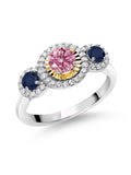 Pink Lab Grown Diamond Blue Sapphire 925 Silver 10K Yellow Gold 3 Stone Engagement Ring L34632