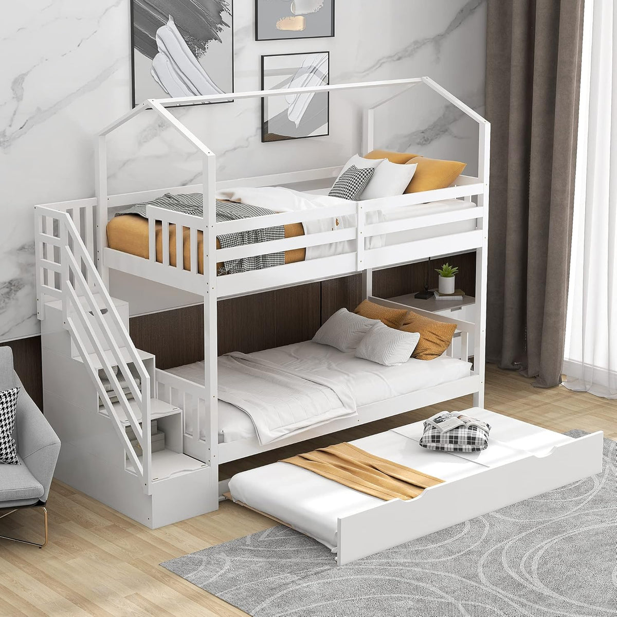 Twin Loft House Bed with 2 Drawers Staircase, Slide and Ladder J4423