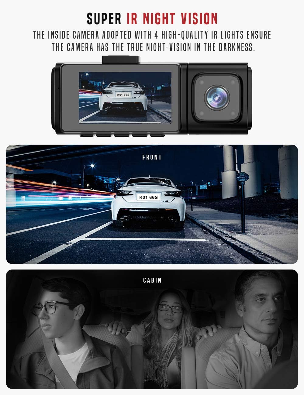 3 Channel Full HD 1080P Dash Camera with IR Night Vision, 2.45 Inch IPS Screen, Pack of 2 O79782
