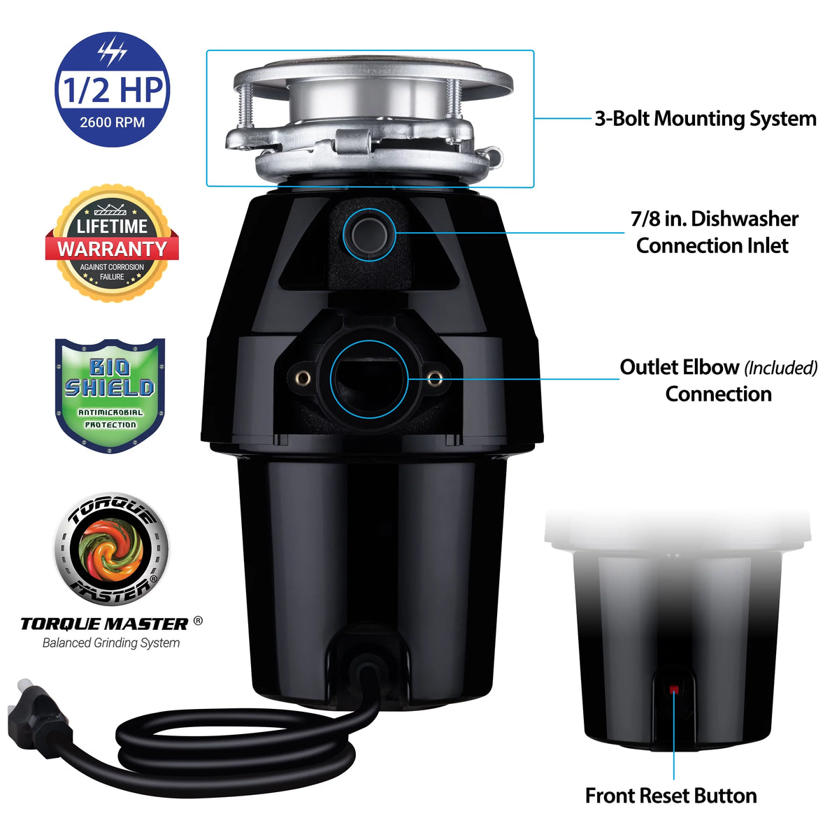 1/2 HP Garbage Disposal with Brushed Nickel Sink Flange I94428