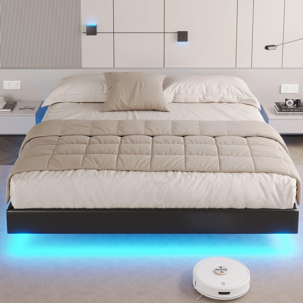 California King Floating LED Faux Leather Upholstered Platform Bed Frame A5324